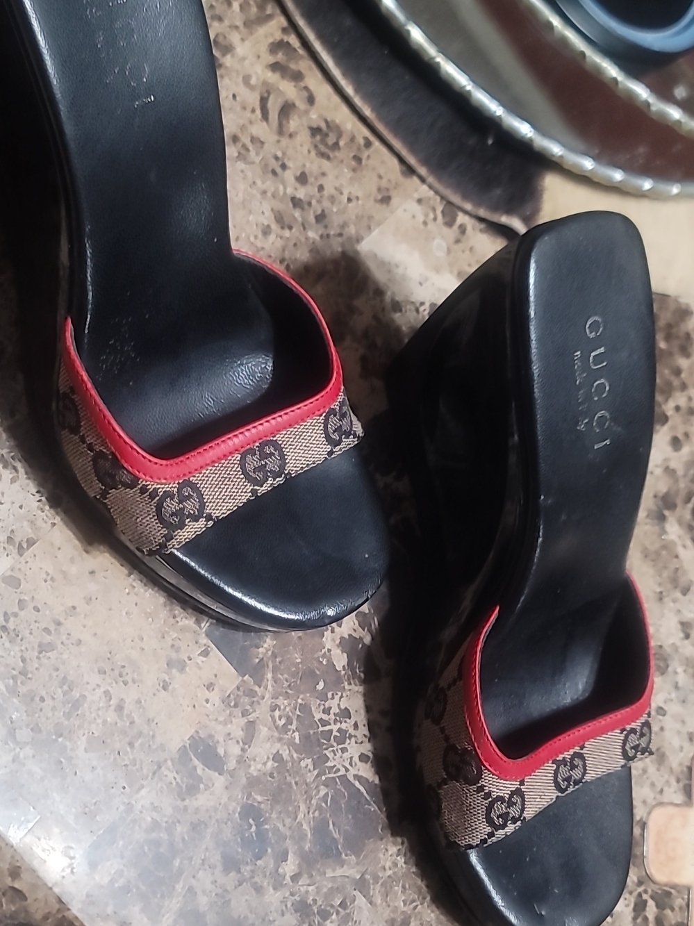 Gucci Black Leather Wedge Slides with Beige GG Canvas and Red Trim